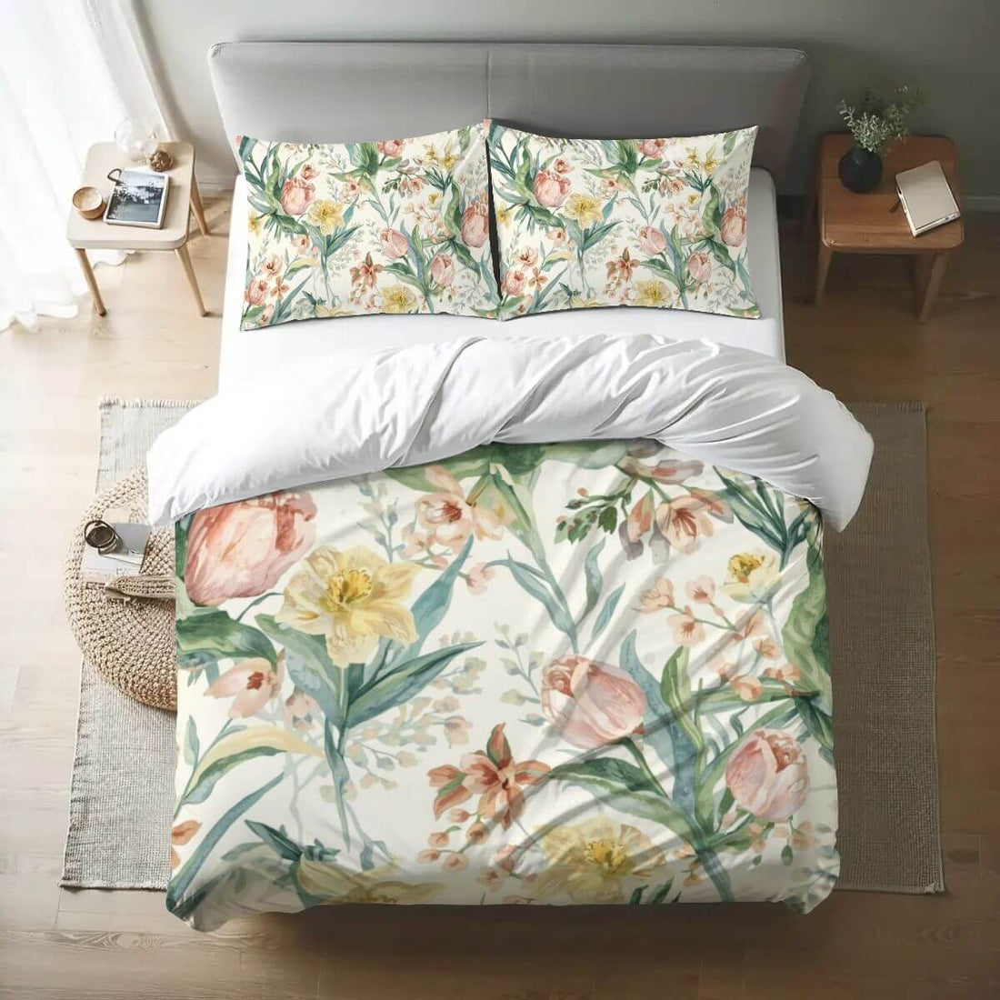 Queen-Bettwäsche-Set aus 90GSM Polyester, florales Design, Bettbezug 90x90" und Kissenbezüge 30x20"x2, langlebig und atmungsaktiv.
