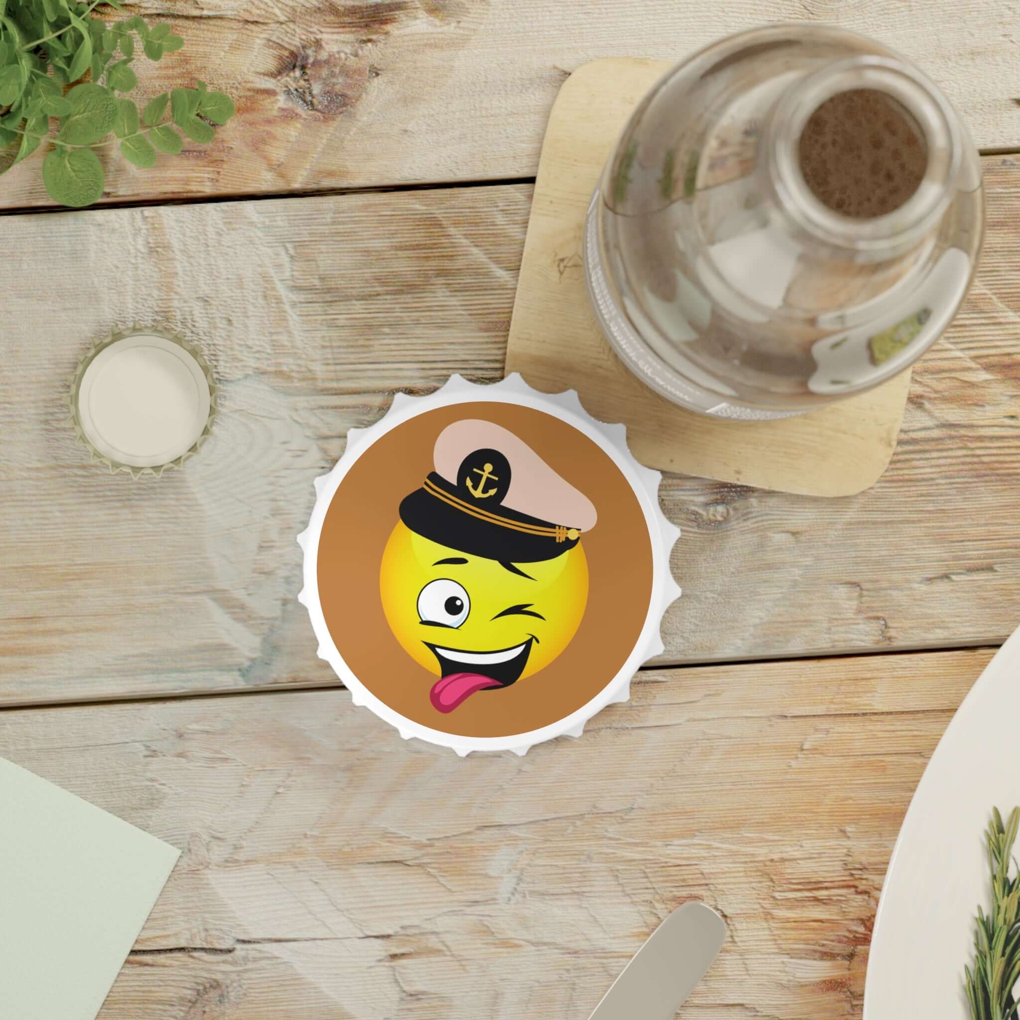 Lustiger Flaschenöffner mit Kapitän-Emoji Ein Flaschenöffner, der nicht nur praktisch ist, sondern auch für gute Laune sorgt. Mit dem Kapitän-Emoji-Design wird er zum originellen Begleiter für gesellige Abende.  Design: Kapitän-Emoji mit maritimem Flair –