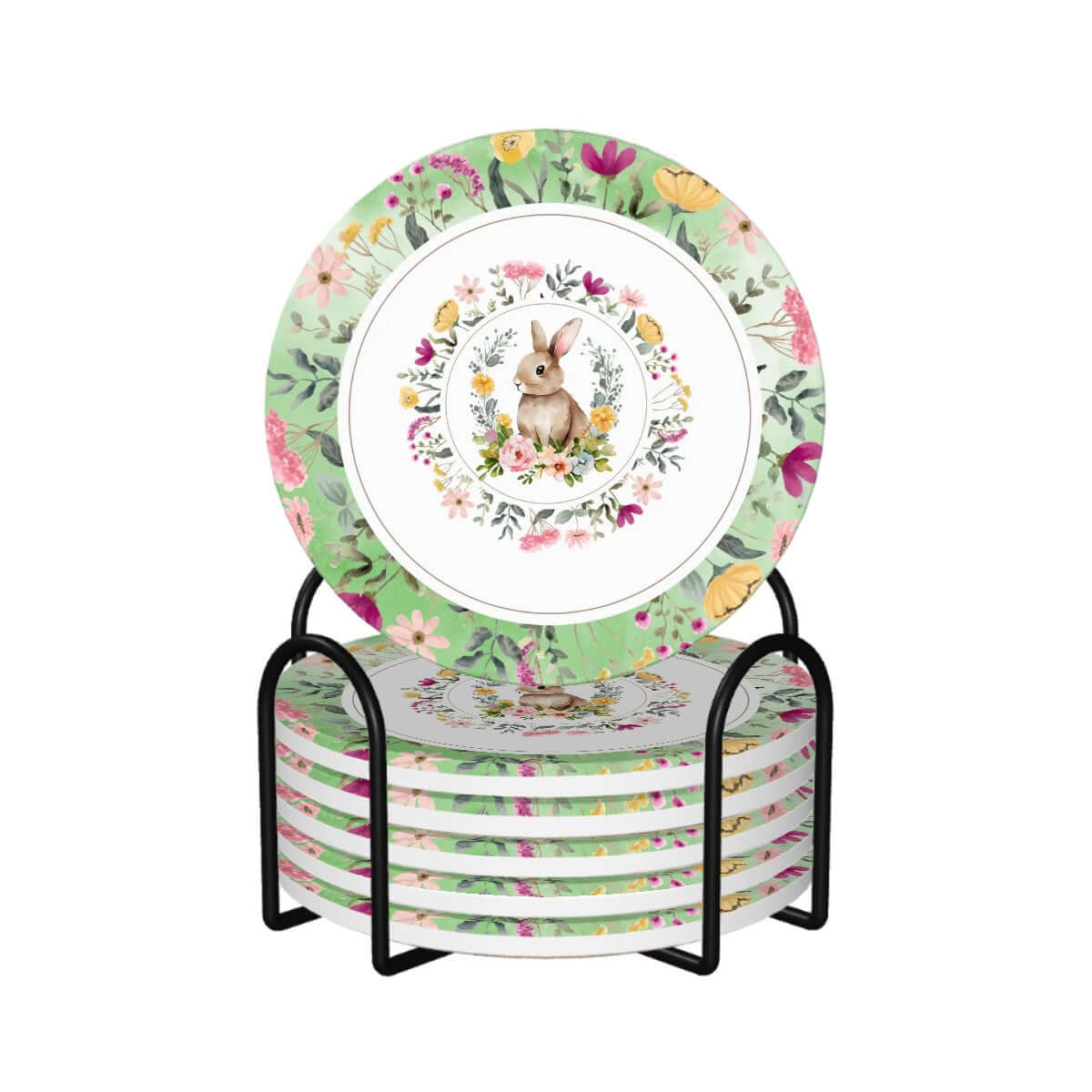 Runde Keramikuntersetzer, 6er-Set mit floralem Hasendesign, ideal für dekorativen Schutz von Oberflächen