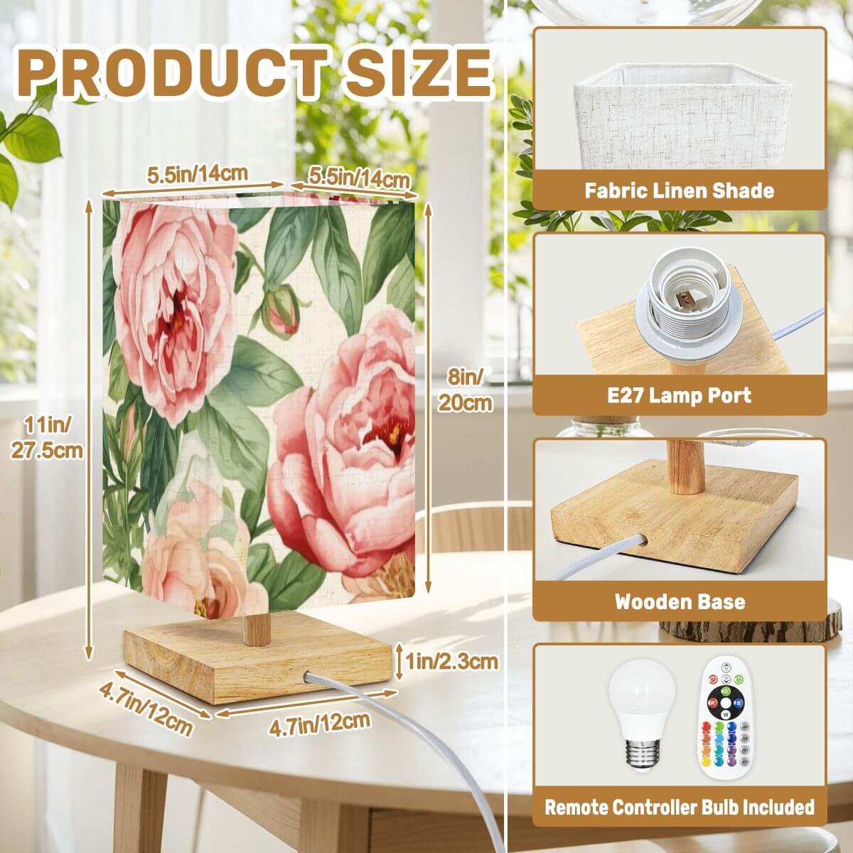 Abbildung der Quadratische Tischlampe mit Leinenstoff und Gummiholz, zeigt Maße, E27 Lampenfassung und Fernbedienung.
