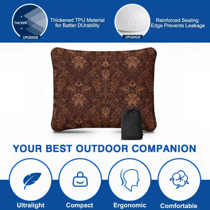 Aufblasbares Campingkissen mit braunem Muster, hautfreundlich und atmungsaktiv, ideal für Outdoor, mit TPU-Material und PVC-Airbag.