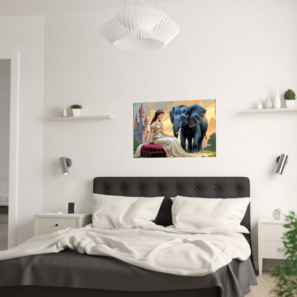 Bezaubernde Satin-Posterkunst – Prinzessin  Elefant, Wohndekor hängt über das Bett
