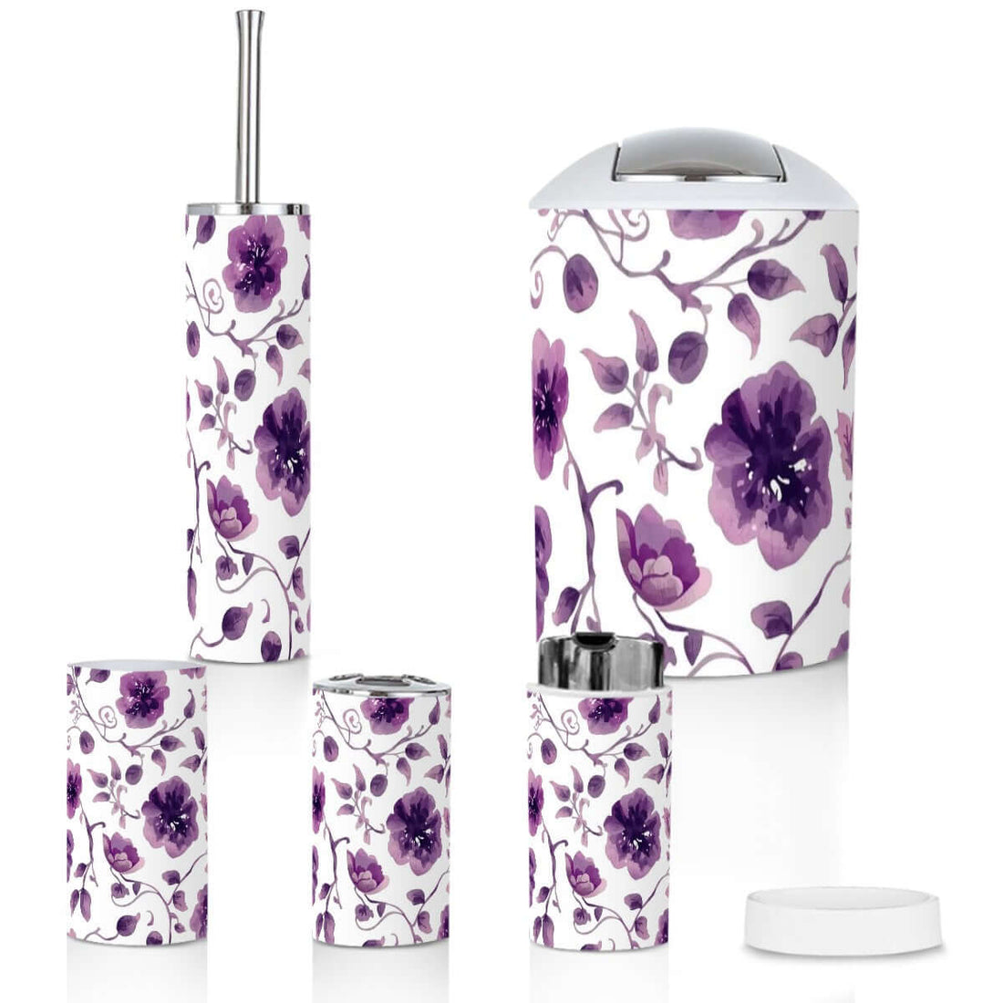 Badezimmer-Accessoires-Set, 5-teilig aus hochwertigem Kunststoff, lila Blumen-Design, langlebig, wasserdicht, inkl. Zahnbürstenhalter.