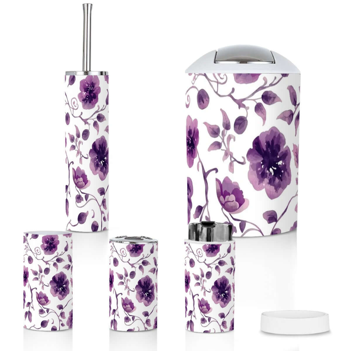 Badezimmer-Accessoires-Set, 5-teilig aus hochwertigem Kunststoff, lila Blumen-Design, langlebig, wasserdicht, inkl. Zahnbürstenhalter.