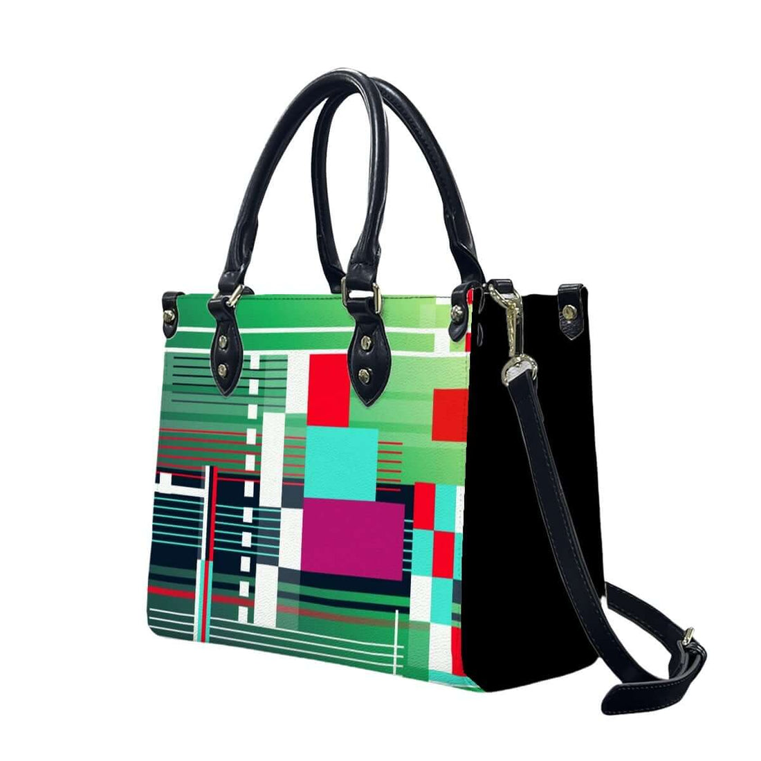 PU-Tragetasche für Damen aus hochwertigem PU-Material mit buntem Streifenmuster und schwarzen Griffen, Größe S.