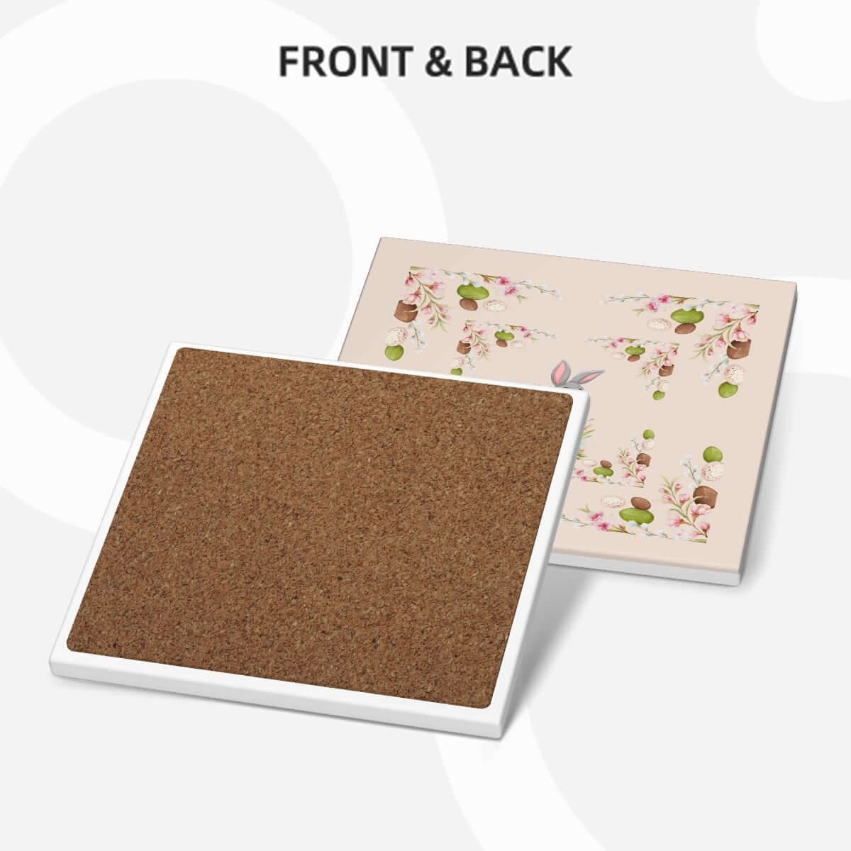 Quadratische Keramikuntersetzer, 6 Stück mit einseitigem Design. Bild zeigt Vorder- und Rückseite der Untersetzer mit buntem Muster.