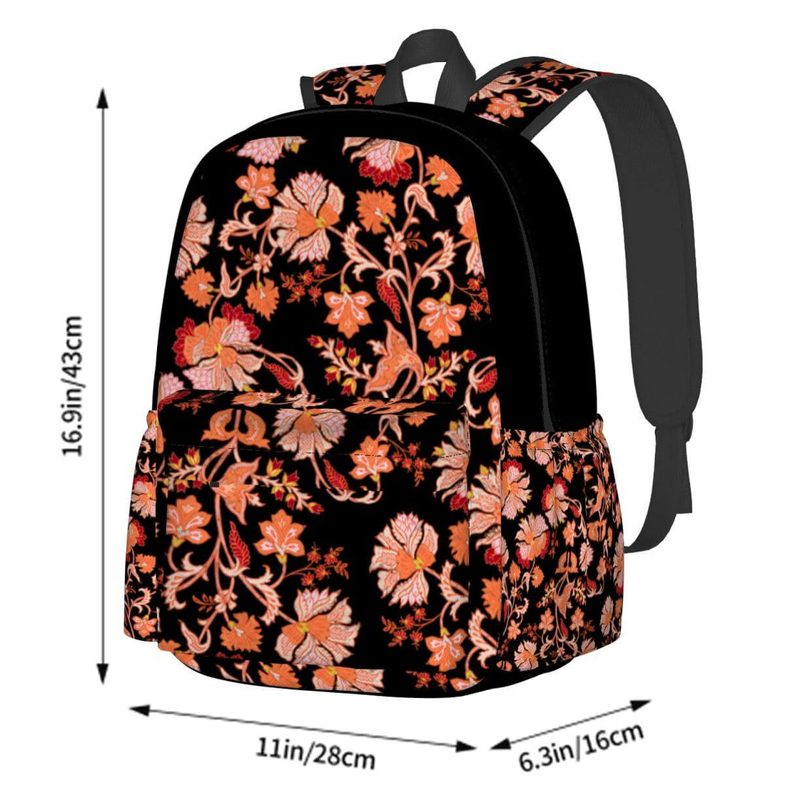 Schwarzer geräumiger Oxford-Rucksack mit Seitentaschen und floralen Mustern, Größe 11x6,3x16,9 Zoll, hochwertiger Polyester-Oxford-Stoff.