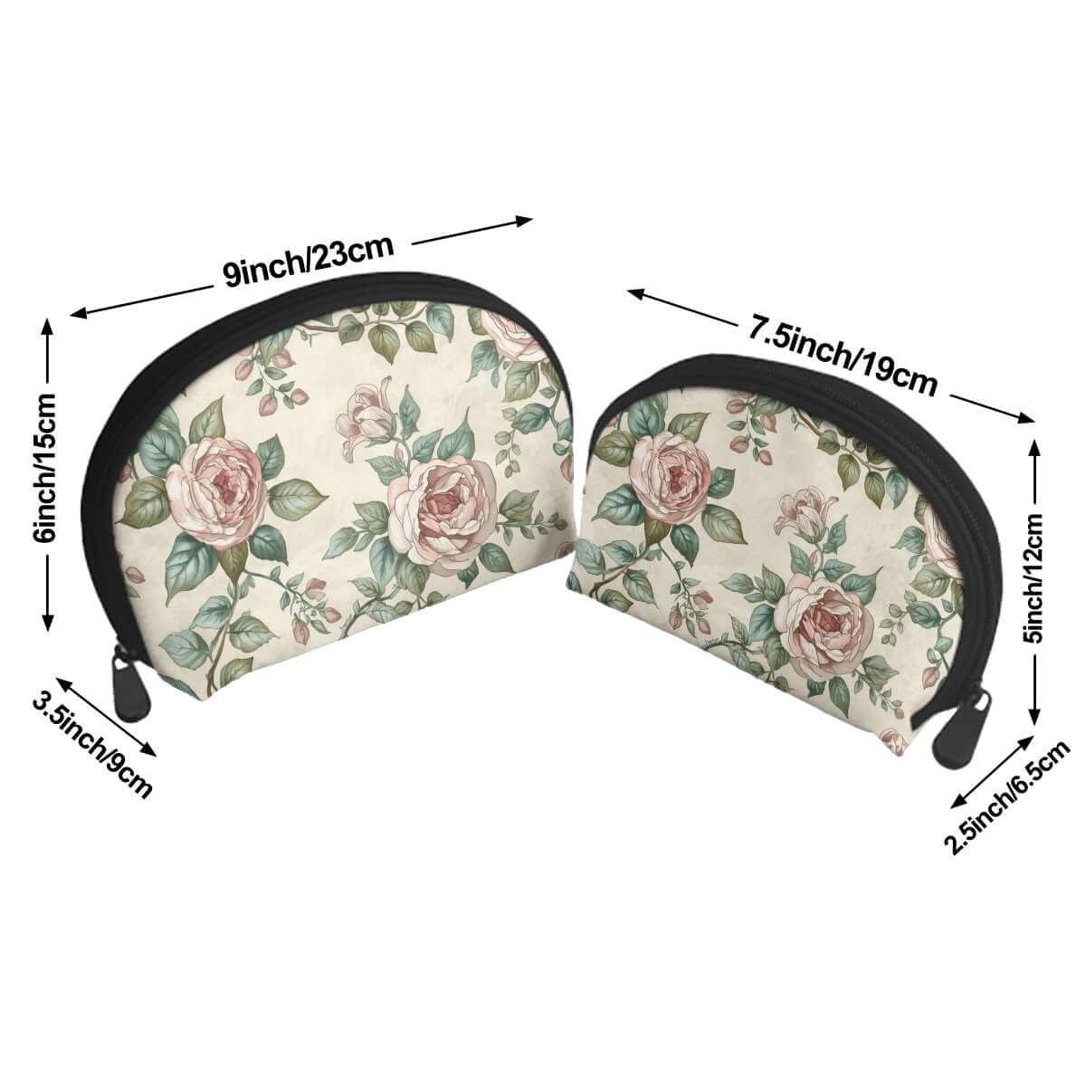 Aufbewahrungsbeutel-Set (2 Stück) in zwei Größen mit floralem Design, hergestellt aus Polyester, mit Reißverschluss, Maße: 9x3.5x6" und 7.5x2.5x5".