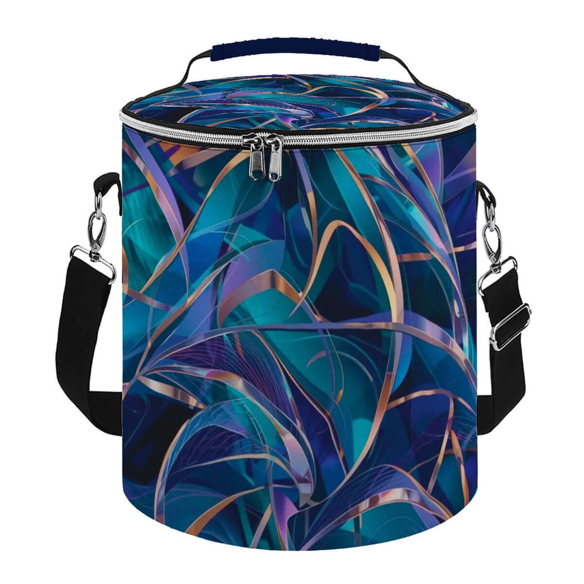 Bunte Camping-Kühltasche aus Polyester, tragbar, isoliert, wasserdicht. Größe 11,8x10,0 Zoll, mit modernem Design und Sublimationstechnik.