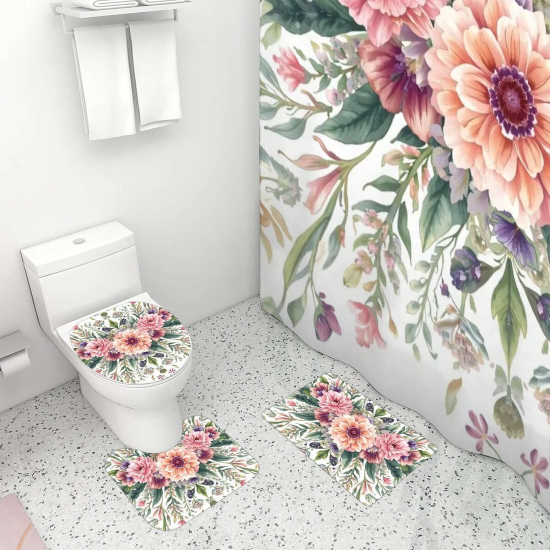 Badezimmerteppich-Set mit Duschvorhang, 4-teilig, florales Design, wasserfest, rutschfest, langlebige Badgarnitur aus Polyester, 72x72 Zoll Duschvorhang