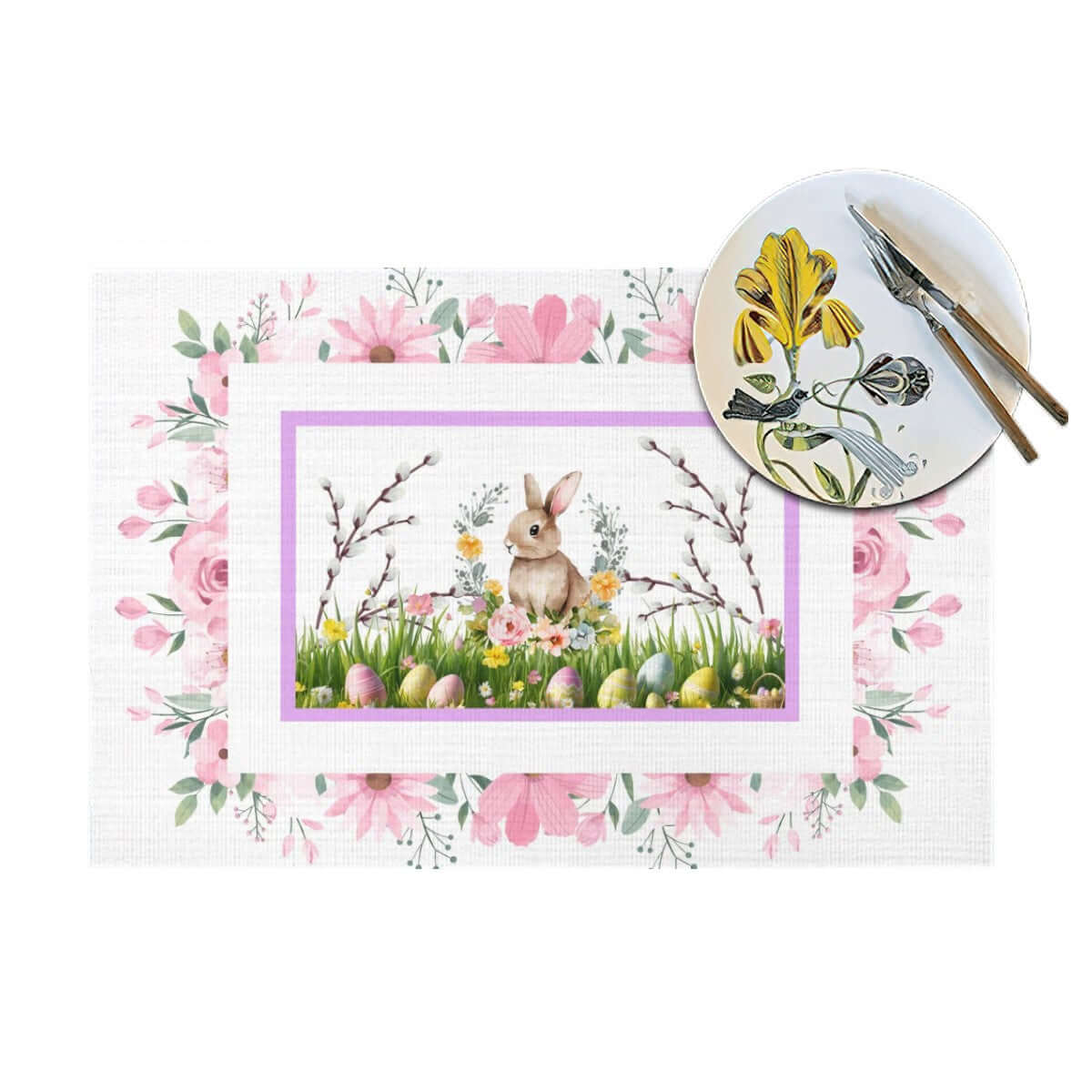 Tischset aus gewebtem PVC mit Hasen- und Blumenmuster, ideal für Osterdekorationen. Enthält Teller-Set als dekorative Ergänzung.