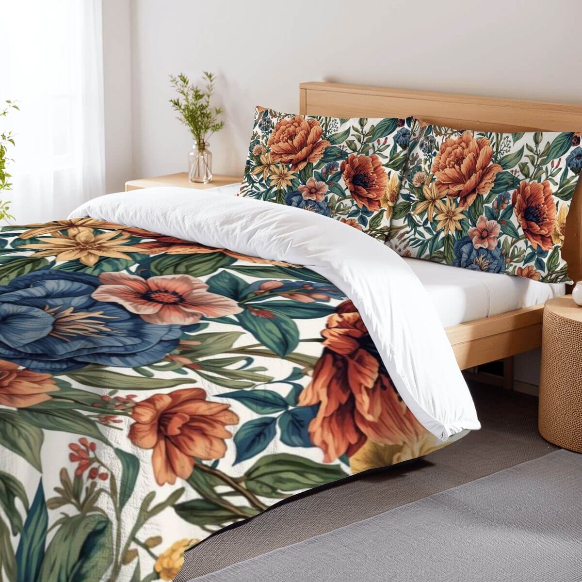 Komplettes Bettwäscheset in Floraldesign auf Bett, 90GSM Polyester