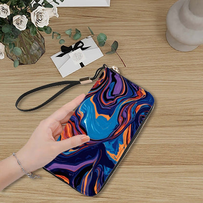 Clutch-Geldbörse für Damen aus PU-Leder mit UV-Druck, mehrfarbiges, faszinierendes Design auf einem Tisch mit Blumen und Geschenkbox.