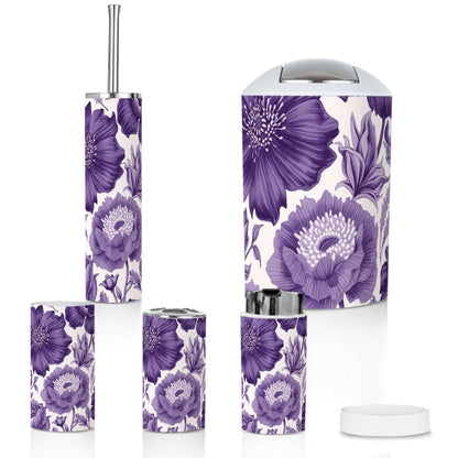 Badezimmer-Accessoires-Set, 5-teilig aus Kunststoff mit lila Blumenmuster, langlebig und wasserabweisend.