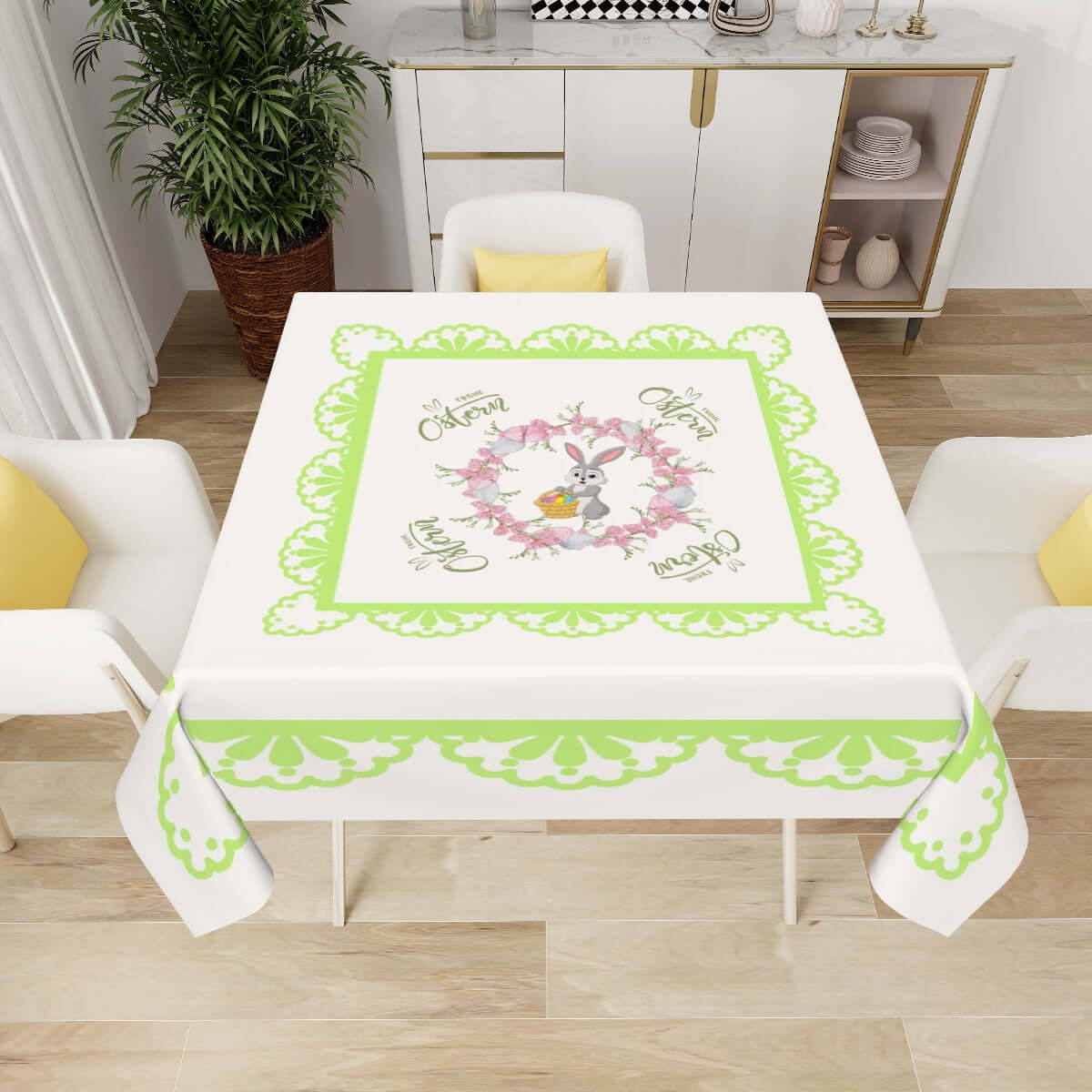 Quadratische Tischdecke Ostermotiv aus Polyester in 54x54 oder 60x60, einseitiger Sublimationsdruck, wasserdicht, faltbeständig, dekorativer Tischschutz