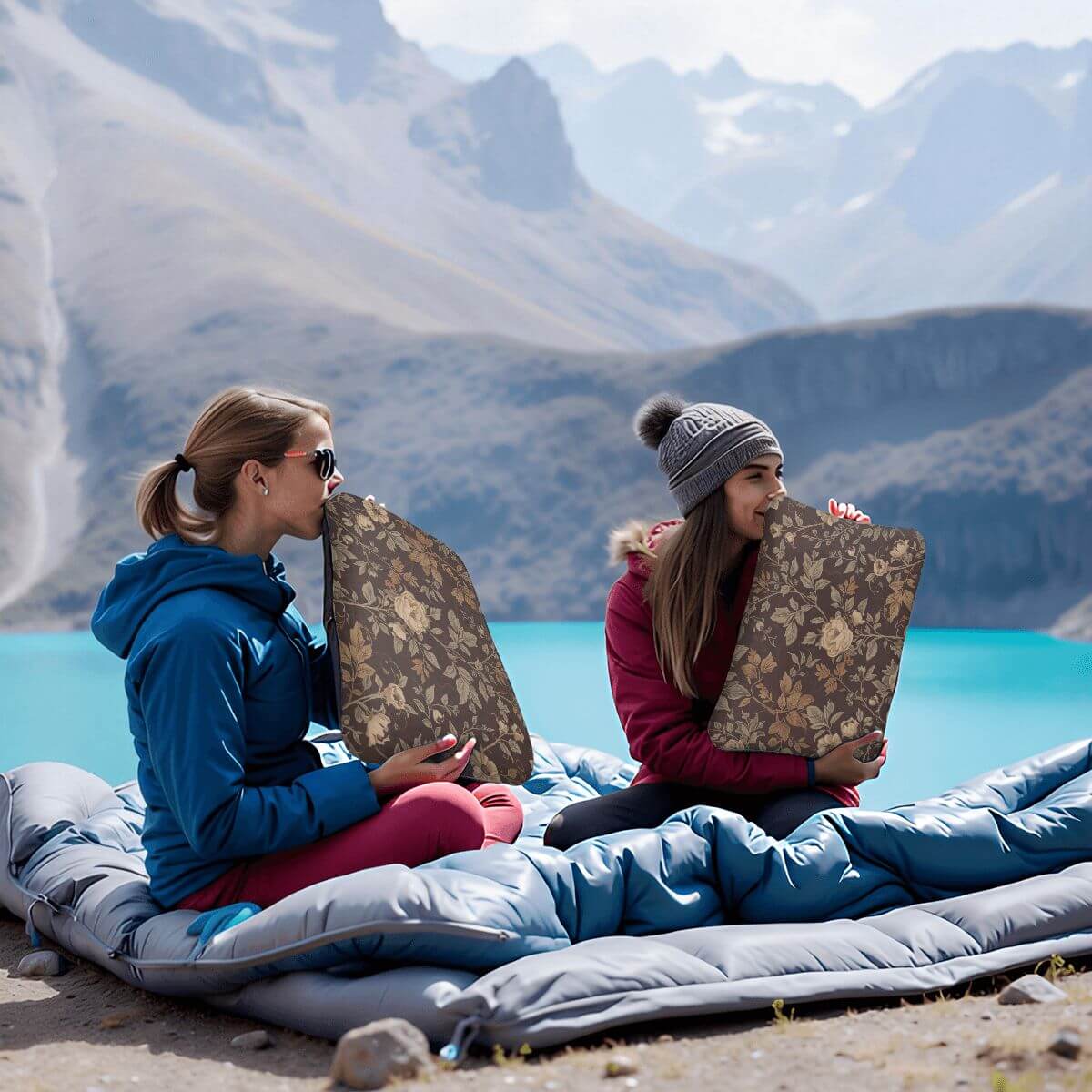 Video Aufblasbares Campingkissen am Seeufer, Polyester, 15,8 x 12,6 x 4,3 Zoll, ideal für Outdoor-Aktivitäten.