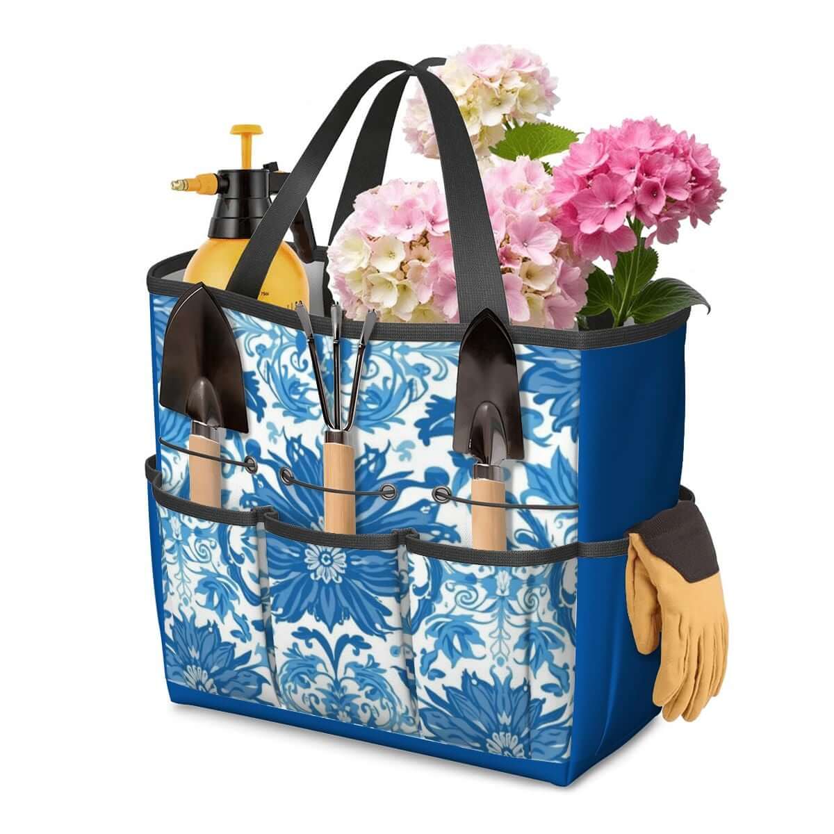 Gartengerätetasche aus Oxford-Stoff mit Blumendesign, enthält Gartengeräte, Sprühflasche und Blumen, ideal für Aufbewahrung und Transport.