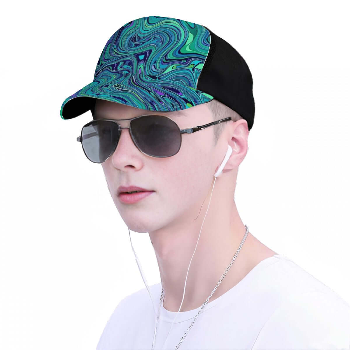 Mesh Baseball Cap (Full Pattern) in polyester twill fabric with sublimation printing, worn by a model listening to music with earphones.