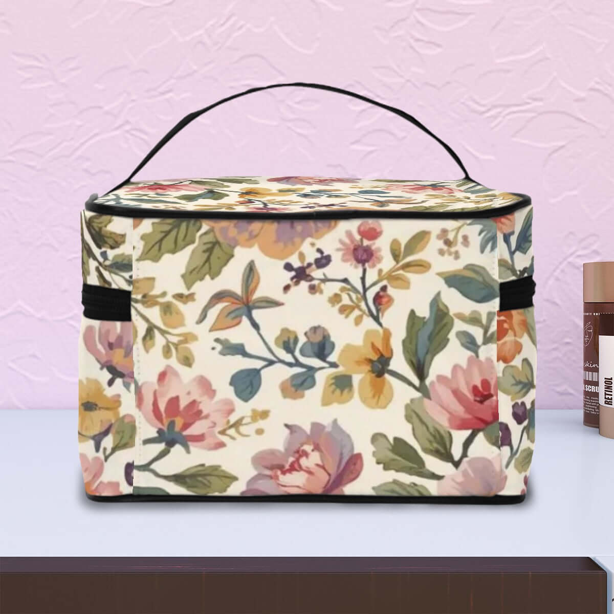 Blumenmuster auf Tragbare Reise-Kosmetiktasche aus Polyester mit großem Fassungsvermögen, elegante Reißverschlussstruktur. Details für Tragbare Reise-Kosmetiktasche ansehen.