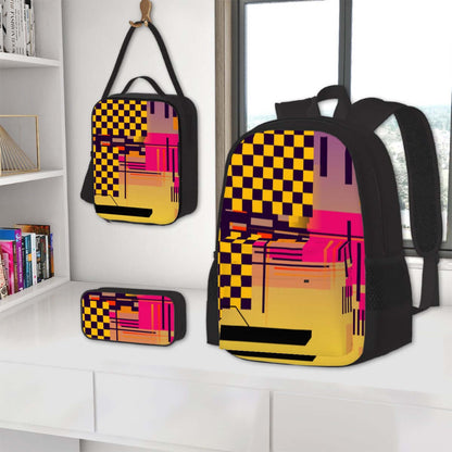 3er-Set Taschen (Oxford-Rucksack, Lunchtasche &amp; Federmäppchen) in modernen Farben auf Schreibtisch und Wand, aus Oxford-Stoff (Polyester)