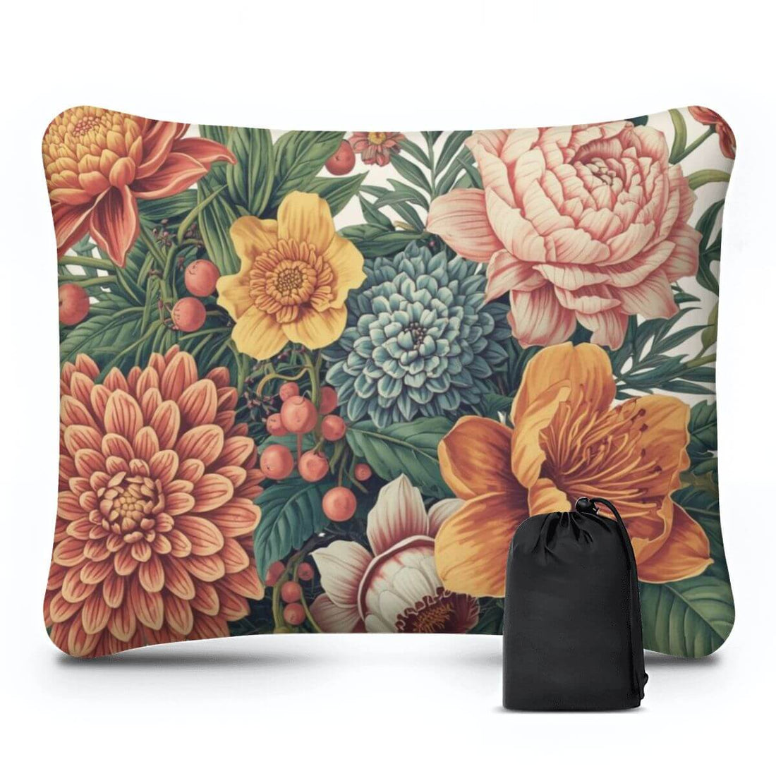 Aufblasbares Campingkissen mit Blumenmuster, bequem für Reisen und Zelten, enthält Polyesterbezug und Tasche, Größe 15,8"x12,6"x4,3"