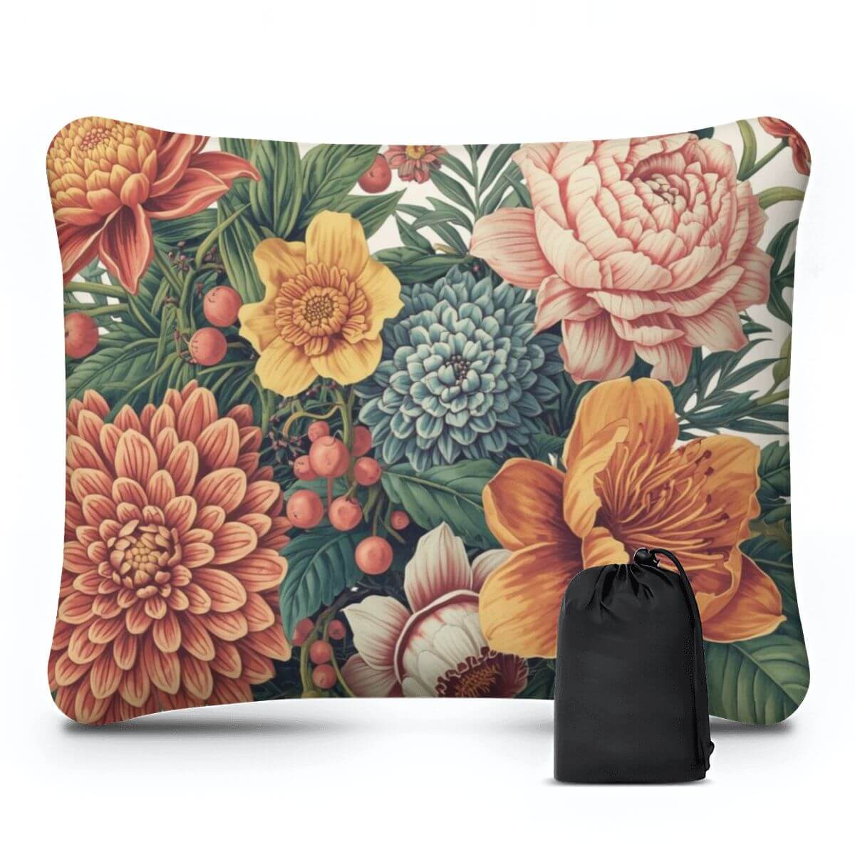 Aufblasbares Campingkissen mit Blumenmuster, bequem für Reisen und Zelten, enthält Polyesterbezug und Tasche, Größe 15,8"x12,6"x4,3"