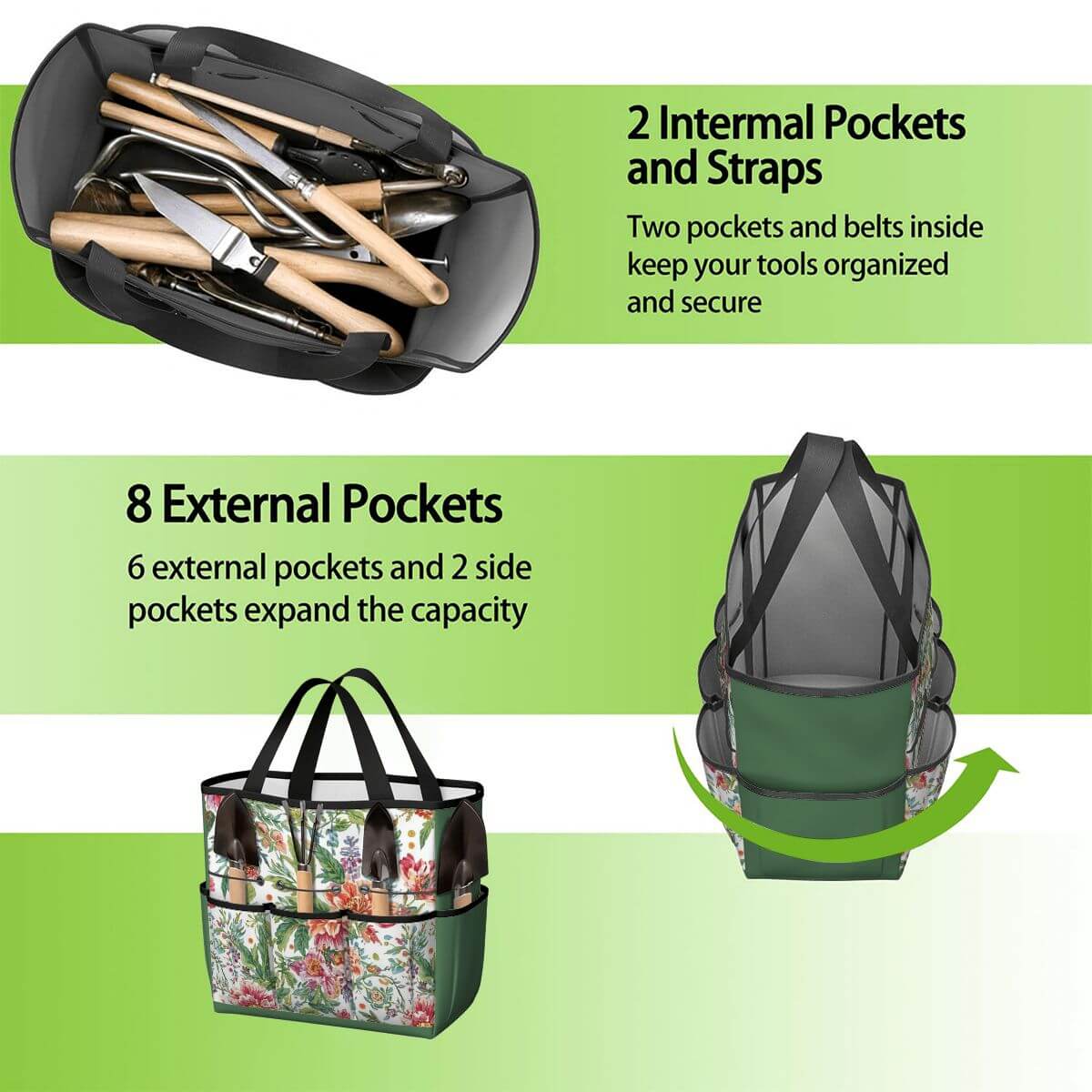 Gartengerätetasche (Werkzeuge nicht enthalten) aus Oxford Fabric mit mehreren Taschen für große Kapazität und klassifizierte Aufbewahrung.