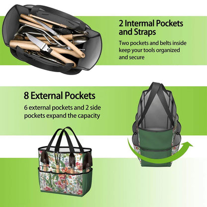 Gartengerätetasche (Werkzeuge nicht enthalten) aus Oxford Fabric mit mehreren Taschen für große Kapazität und klassifizierte Aufbewahrung.