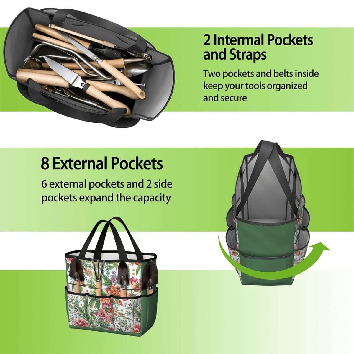 Gartengerätetasche mit 2 inneren und 8 äußeren Taschen, wasserdichtem Oxford-Stoff, ideal zur organisierten Aufbewahrung von Gartengeräten.