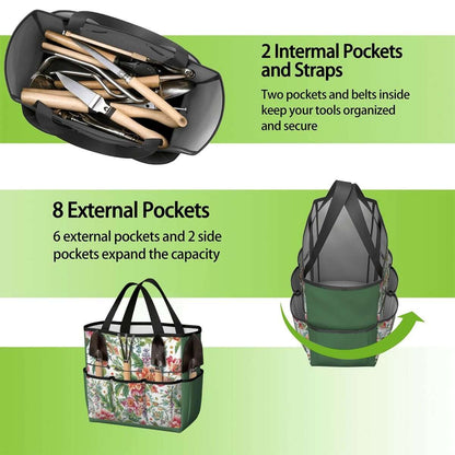 Gartengerätetasche mit 2 inneren und 8 äußeren Taschen, wasserdichtem Oxford-Stoff, ideal zur organisierten Aufbewahrung von Gartengeräten.