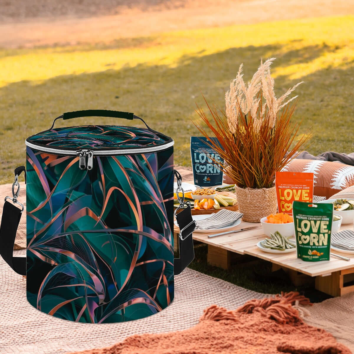 Camping-Kühltasche tragbar isoliert wasserdicht auf Picknickdecke mit Snacks, ideal für Camping-Ausflüge.