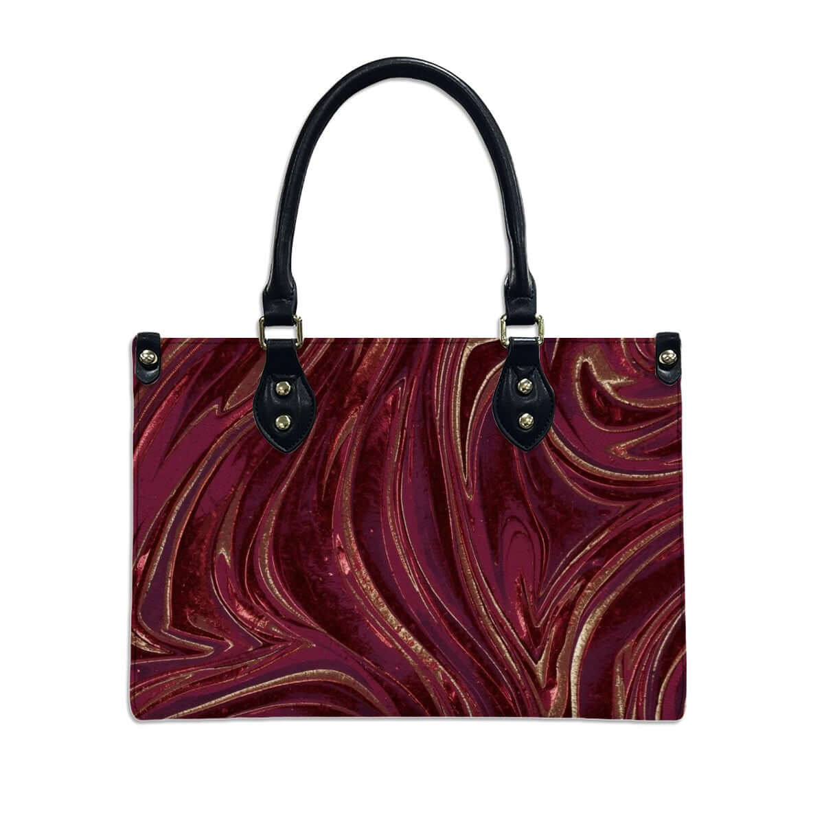 PU Tote Bag for Women with maroon swirl pattern, black handles, UV printed, PU-Tragetasche für Damen, high-quality material.