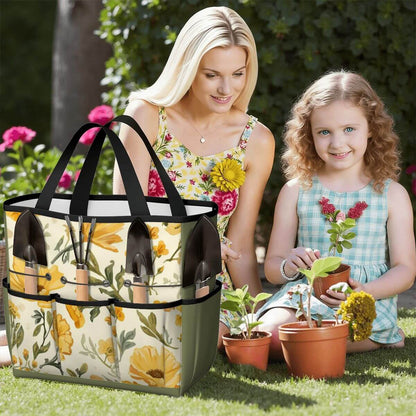 Gartengerätetasche aus Oxford-Stoff mit floralem Design, ideal für den Gartenbedarf, abgebildet mit Mutter und Tochter im Blumenbeet.