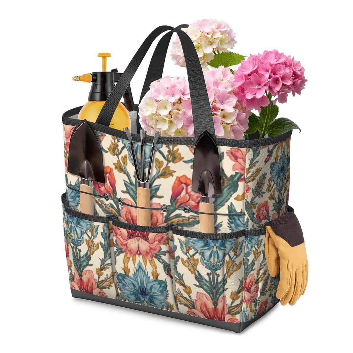 Gartengerätetasche aus Oxford-Stoff mit Blumendesign, gefüllt mit Gartenwerkzeug und Blumen, ideal für organisierte Aufbewahrung im Garten.