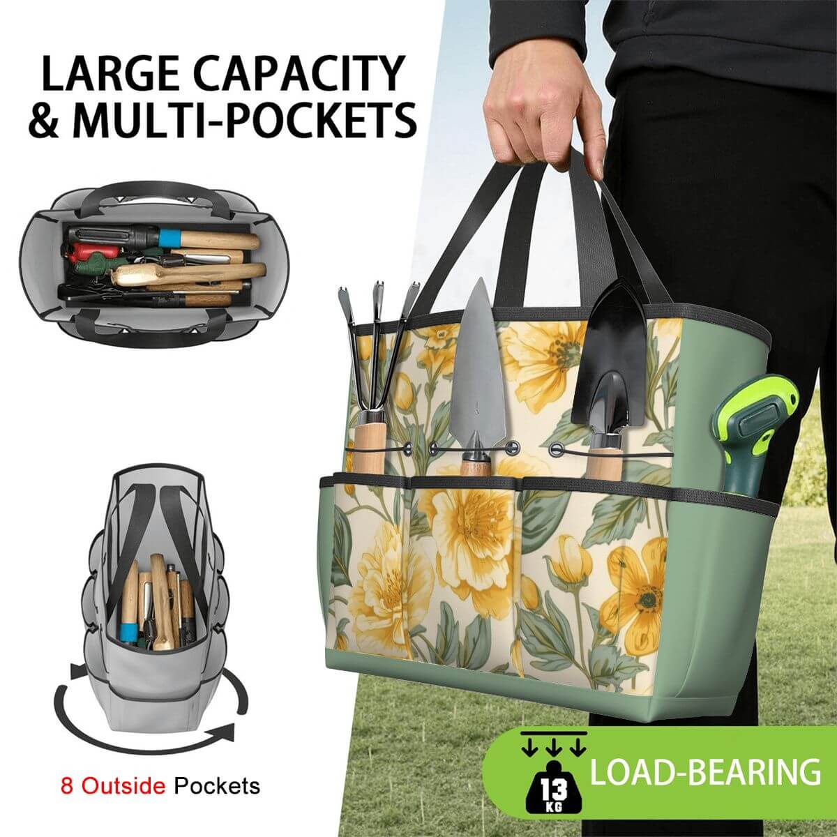 Gartengerätetasche aus Oxford-Stoff mit großem Fassungsvermögen, mehrere Taschen, wasserdicht, verschleißfest, für Gartenwerkzeuge