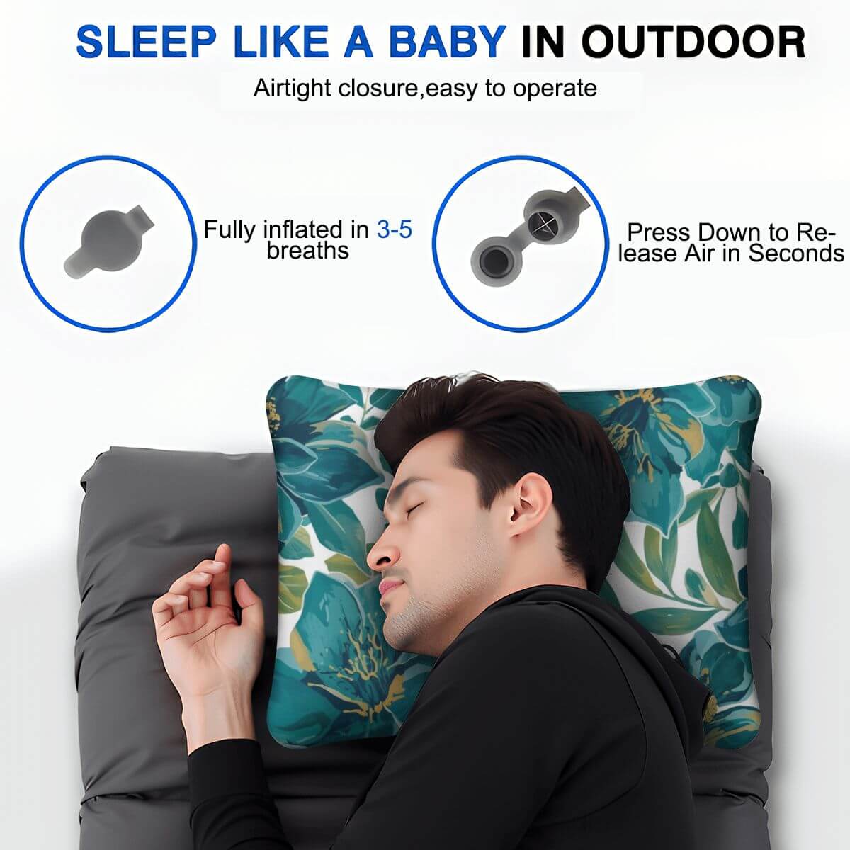 Mann schläft draußen mit Aufblasbares Campingkissen, leicht aufblasbar, hautfreundlich, Ideal für Outdoor-Aktivitäten.