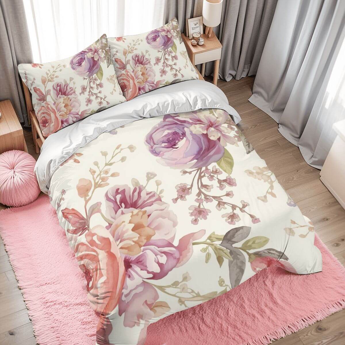 Video Komplettes Bettwäscheset mit floralem Design aus 90GSM Polyester, Bettbezug 80"x90", Kissenbezüge 30"x20" - 2 Stück.