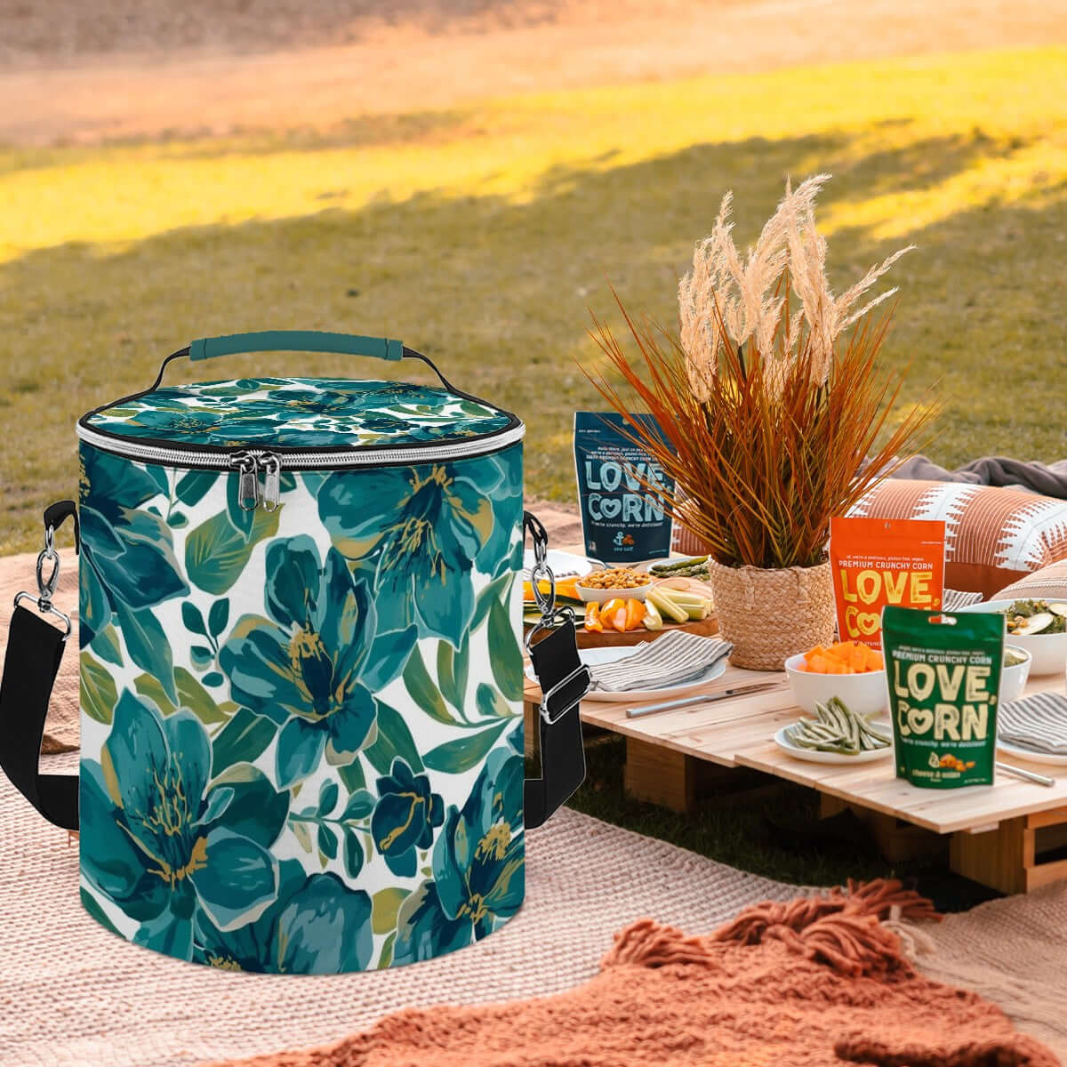 Camping-Kühltasche mit Blumenmuster, tragbar und wasserdicht, auf einem Picknicktisch im Freien, ideal für Campingausflüge.