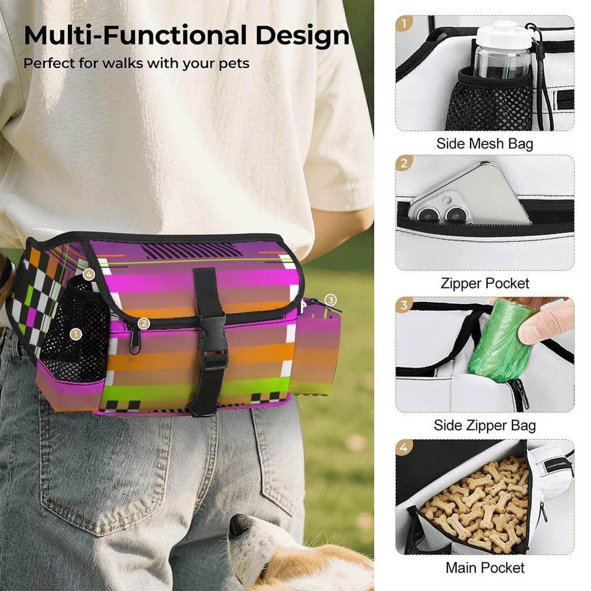 Hüfttasche für das Outdoor-Training von Haustieren mit multifunktionalem Design und verschiedenen Aufbewahrungstaschen.