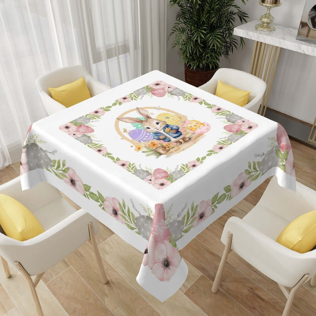Quadratische Tischdecke Ostermotiv mit Blumendesign, wasserabweisend, Größe 54x54, für Tischdeko und Schutz vor Kratzern und Flecken.
