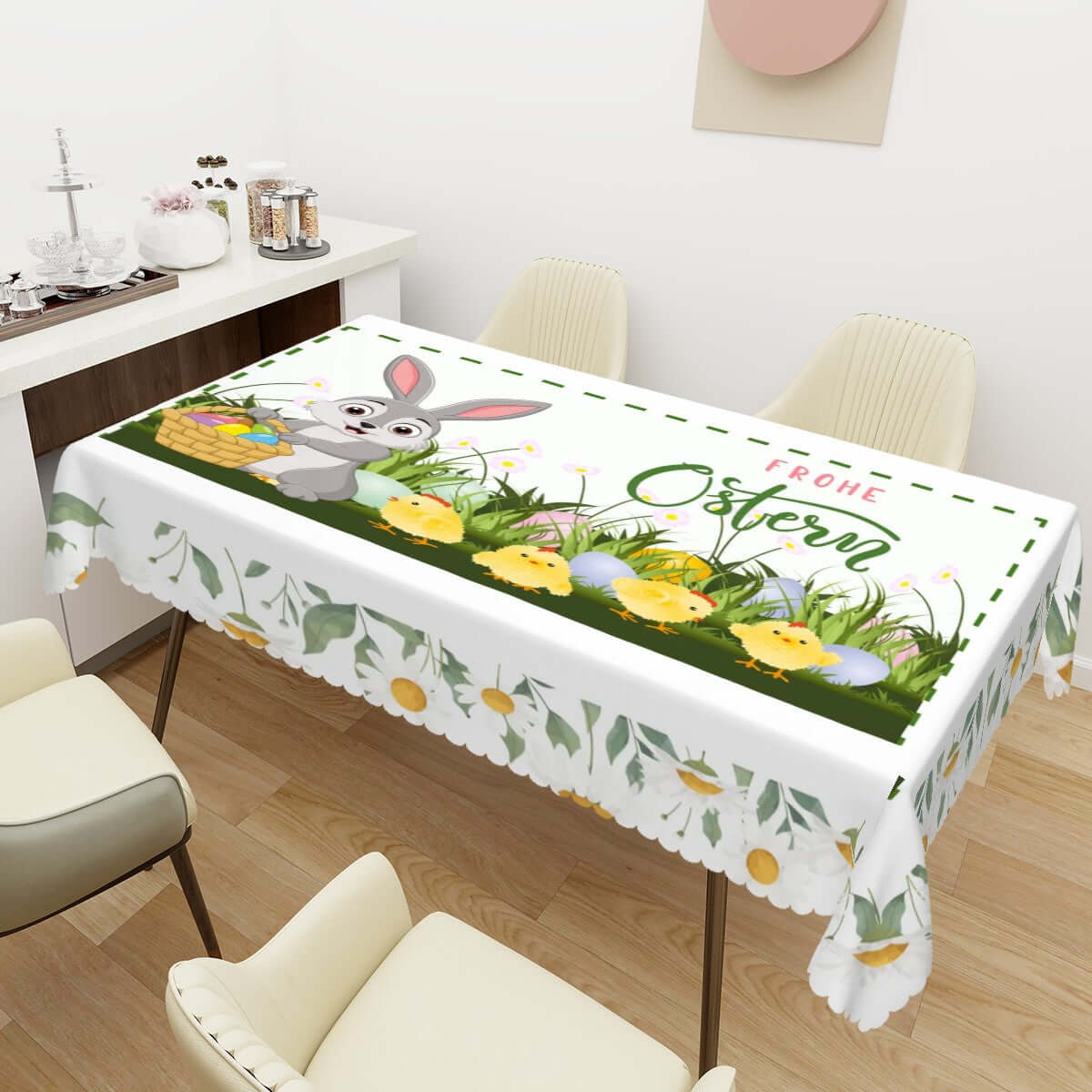 Rechteckige Tischdecke mit Wellenrand Ostermotiv aus 100 % Polyester, 72"x54", ideal zum Schutz und Dekorieren Ihres Tisches.