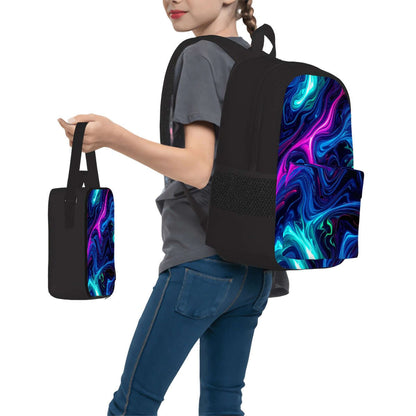 Person carrying 3er-Set Taschen (Oxford-Rucksack, Lunchtasche &amp; Federmäppchen) with vibrant design