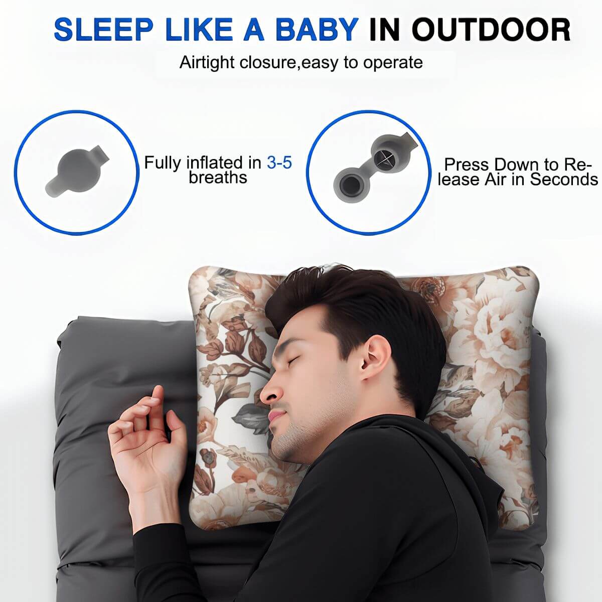 Aufblasbares Campingkissen für Outdoor-Nutzung mit floraler Musterung, ideal für komfortablen Schlaf im Freien.