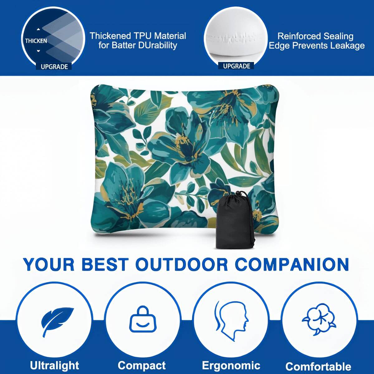 Aufblasbares Campingkissen mit floralem Muster, hautfreundlich und ergonomisch, ideal für Outdoor-Komfort, einseitiges Design.