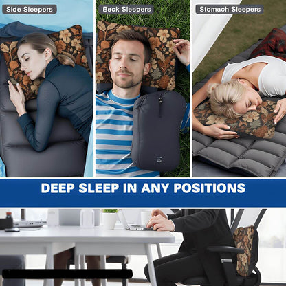Personen verwenden Aufblasbares Campingkissen in verschiedenen Schlafpositionen für Komfort: Seiten-, Rücken-, Bauchschläfer.