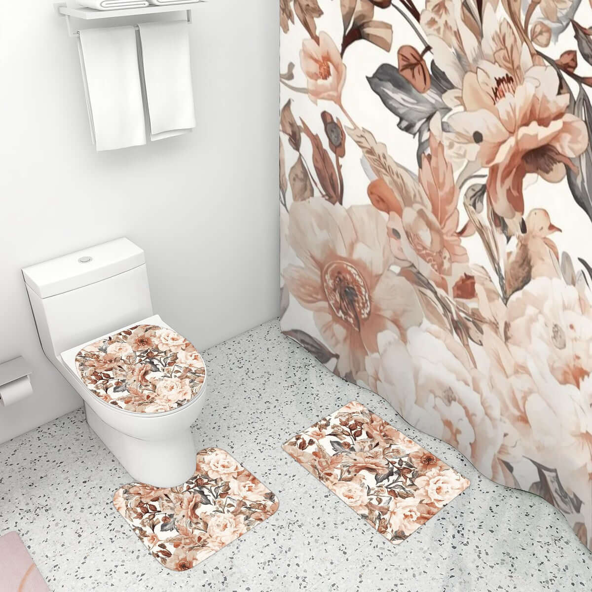 Video Badezimmerteppich-Set mit Duschvorhang, 4-teilig in floralem Design, inklusive Teppichen und Toilettenabdeckung aus Polyester.