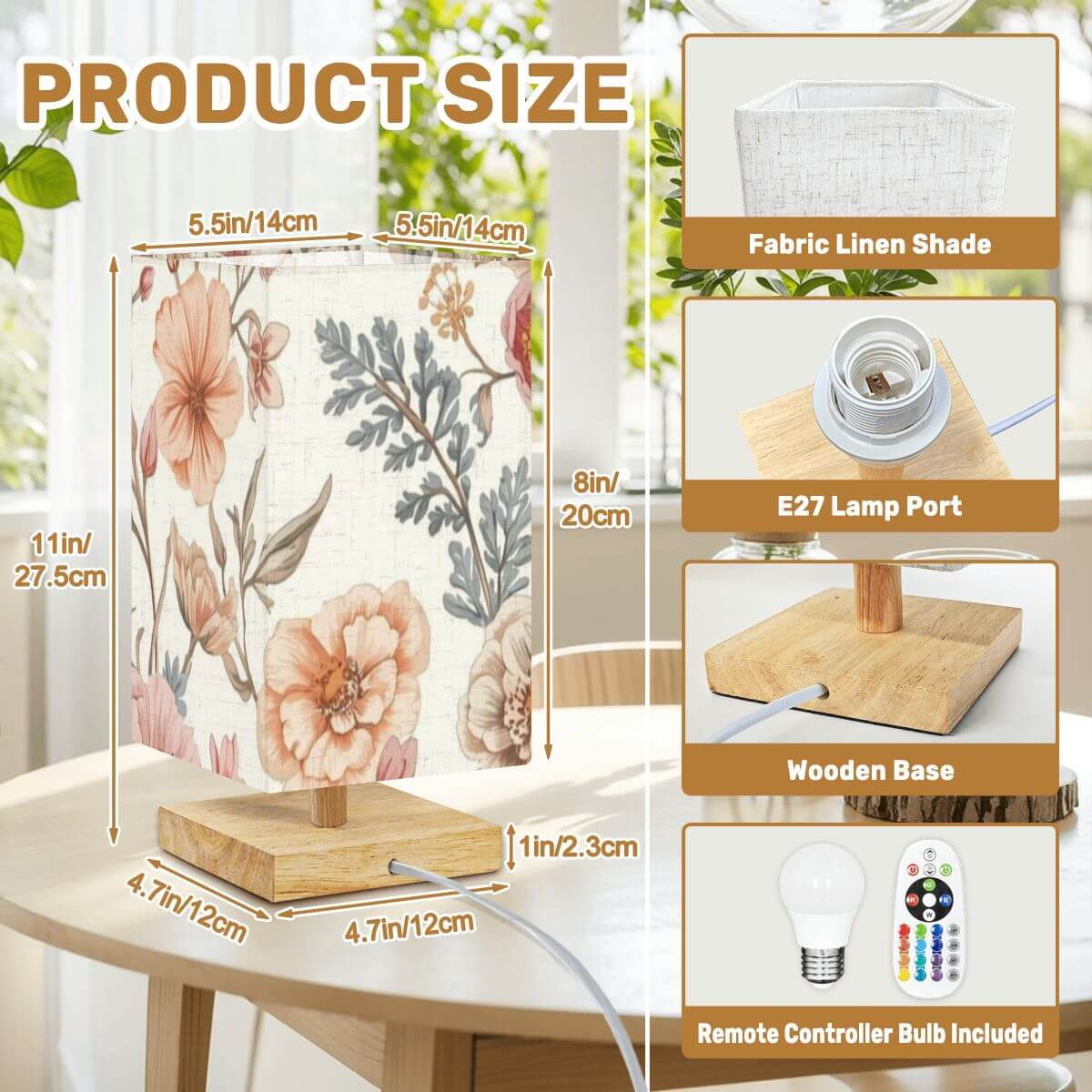 Quadratische Tischlampe mit Leinen-Lampenschirm und Gummiholzsockel, 5,5"x5,5"x11" Größe, enthält Fernbedienungs-Glühbirne.