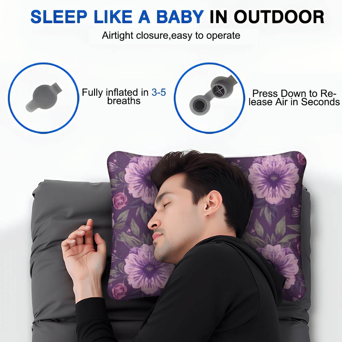 Aufblasbares Campingkissen - Leicht und bequem mit Blumenmuster, hautfreundlich, für Outdoor-Schlafkomfort, 15,8x12,6x4,3 Zoll
