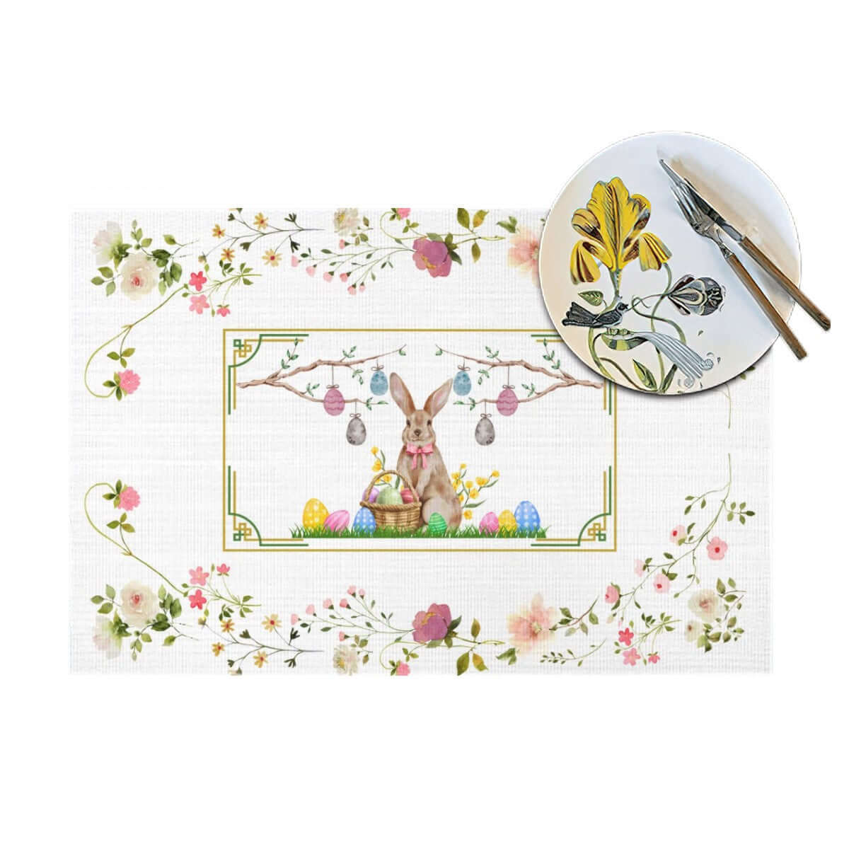 Tischset aus gewebtem PVC mit Osterhasendesign und Blumenmuster, hitzebeständig und rutschfest, idealer Schutz für Ihren Tisch.