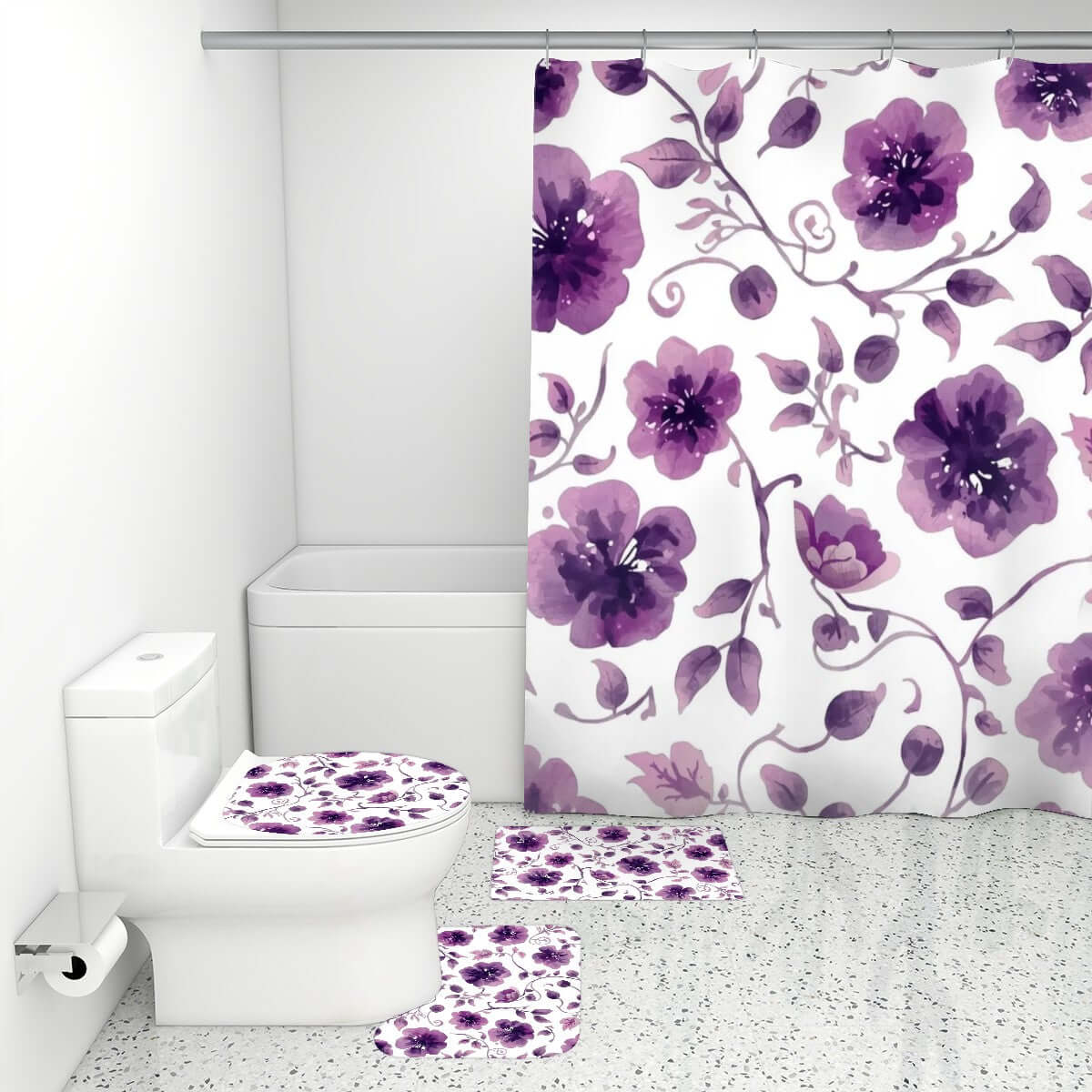 Video Badezimmerteppich-Set mit Duschvorhang, 4-teilig, violett-weißes Blumenmuster, Polyester, elegante Badezimmerdekoration.